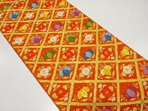 斜め格子に桐・菊模様織り出し　袋帯